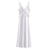 Mqtime Ruffle Double V Neck White Linen Maxi Summer Dress Women Spaghetti Strap Elegant Long Beach Casual Party Sundress Boho