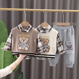 Mqtime New Spring Autumn 3PCS Boys Clothing Set Cartoon Bear Sweater Vest Long Sleeve Shirts Cotton Pants Baby Boys Clothes