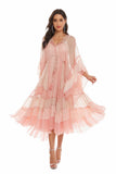 Mqtime Flared sleeve tassel chiffon pink dress female summer new temperament large swing sunscreen long skirt waist and ankle