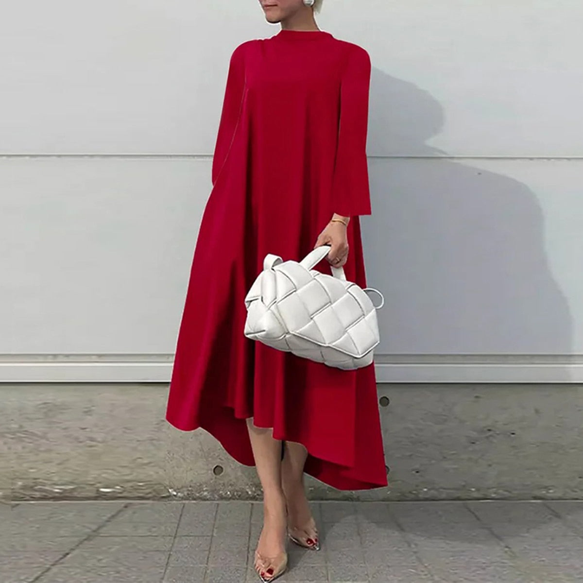 Mqtime Fashion Female Dress Simple Long Sleeves High-Low Lace-up Solid mqtime Mqtime Fashion Female Dress Simple Long Sleeves High-Low Lace-up Solid mqtime