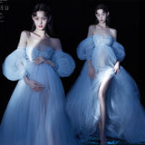 Mqtime Women Photography Props Handmade Blingbling Off-shoulder Maternity Dresses Blue Perspective Pregnancy Dress for Studio Shoot New