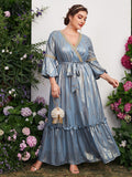 Mqtime Plus Size Women's Maxi Long Dresses Spring Summer Luxury Elegant Puff Belted Party Evening Wedding Festival Clothing