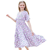 Mqtime kids girl summer floral print v-neck smocked flare midi dress children 6 to 14 years teen girl fashion cotton casual dresses