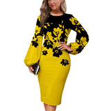 Mqtime Fashion Floral Print Dress Women Elegant O Neck Long Sleeve Party Robes Bodycon Lantern Sleeves African Printed Vestidos Autumn