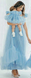 Mqtime Sky Blue Tulle Mum and Daughter Matching Outfit for First Birthday Party Mommy and Me Dress for Party Photos A-Line Prom Gown