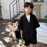Mqtime High Quality Boys' Blazer Suit Set Summer New Thin Casual  Baby Boy Single Breasted Korean Black Short Sleeve Coat+ Shorts 2pcs