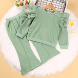 Mqtime Winter Fashion New Children Clothing Set For Girls Solid Color Ruffle Long-Sleeved Blouse Wide-Leg Trousers Two-Piece Suits