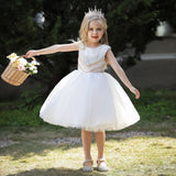 Mqtime  New Girl's Ceremonial Dress Pearl Tulle Children's White Sleeveless Dresses Princess Performance Costume 5 7Y