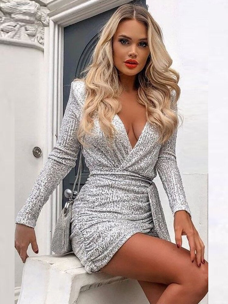 nightclub dresses women Mqtime Sexy Sequined Dress For Women Party Elegant V-Neck Long Sleeve – mqtime