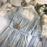 Mqtime Embroidered High-Grade Dress Women Square Collar Palace Style Lace Cinched Over-the-Knee Dress Summer Short Sleeve Vestidos