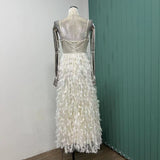 Mqtime Summer New Fashion Celebrity Heavy Industry Feather Fringe Embroidered Pearl V-neck Holiday Style Dress