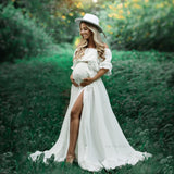 Mqtime Bohemian Pregnancy Dress Side Split Ruffle Edge Vintage Comfortable Linen Dress Comfortable Linen Boho Style Baby Shower Dress