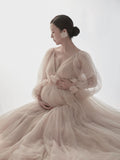 Mqtime Mesh Maternity Dresses For Photo Shoot Long Sleeve Tulle Floral Maxi Gowns Pregnant Women Photography Pregnancy Shooting Dress