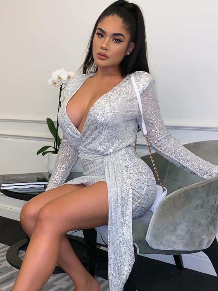 Mqtime Sexy Sequined Dress For Women Party Elegant V-Neck Long Sleeve mqtime Mqtime Sexy Sequined Dress For Women Party Elegant V-Neck Long Sleeve mqtime