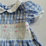 Summer Baby Girls Smocked Dresses Childen Vintage Plaid Pink Blue Embroidery Frocks Smocking Handmade Dress Size 1 2 3 4 5 Years