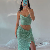 Mqtime Dress Women Summer Swimsuit For Beach Cover Up Sequins New Sling Vest Split Skirt Leisure Suit Solid Spandex Pareo Sarongs