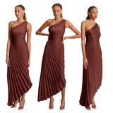 Mqtime Women Pleated Dress Sexy Summer Clothes One Shoulder Vest Long Maxi Pleated Dresses Female A Line Fashion Outfits Beach