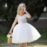 Mqtime  New Girl's Ceremonial Dress Pearl Tulle Children's White Sleeveless Dresses Princess Performance Costume 5 7Y