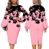 Mqtime Fashion Floral Print Dress Women Elegant O Neck Long Sleeve Party Robes Bodycon Lantern Sleeves African Printed Vestidos Autumn