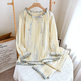 Mqtime Lace V-Collar Cotton Crepe Double Layer Pajamas Set For Women Autumn Fashion Sleepwear Leisure Long Sleeve Homewear Suit