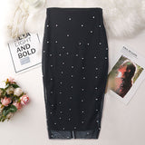 Mqtime Beads Pencil Skirt for Women Large Size High Waist Slim Mesh Modest Classy Female Package Hip Jupes Falad Office Elegant