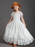 Mqtime New Princess Girls Short Sleeve Lace Long Floor Dresses Baby Kids Flower Wedding Christmas Party Vestidos Children Clothing