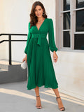 Mqtime New Women's Dress Spring Summer  Korean Fashion Green Pleated Skirt Elegant Party Long Sleeve Long Dress Oversize Sexy Robe