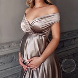 Mqtime Women's Long Dress Silk Elegant Deep V Neck Summer Party Babyshower Session Photos Pregnant Photographic Sexy Maternity Dresses