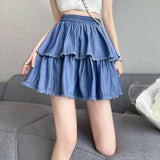 Mqtime Kawaii Layered Ruffle Mini Skirt Teen Girls Spring Summer Korean Style High Waist Lace Trimmed Ruched Pleated Mini Skirts Blue