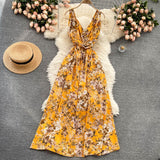 Tavimart Seaside Holiday Long Dress Women Summer Scheming Folds Waist Thin Print Floral Dress