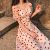Mqtime Summer Strawberry Dress Embroidery Sexy Square Collar  Midi Dresses Casual Short Sleeve  Beach Party Dress Femme Vestidos Robe