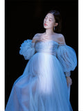 Mqtime Women Photography Props Handmade Blingbling Off-shoulder Maternity Dresses Blue Perspective Pregnancy Dress for Studio Shoot New