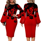 Mqtime Fashion Floral Print Dress Women Elegant O Neck Long Sleeve Party Robes Bodycon Lantern Sleeves African Printed Vestidos Autumn