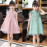 2022 Summer 2 3 4 6 8 10 Years Chinese Style Beautiful Stand Collar Fly Sleeve Party For Kids Baby Girls Lace Cheongsam Dresses