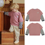 Mqtime Children's Casual Tops Autumn New Soft Cotton Boys and Girls Leaves Two Fashion Star Stripes Casual T-shirts for Kids