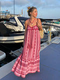 Mqtime Crochet Bohemian Summer Dress for Women Spaghetti Strap Red Vintage Tassel Beach Dress Maxi Long Casual Sundress Autumn