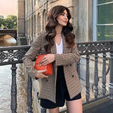 Mqtime vintage plaid double breasted blazer jacket women khaki ladies business elegant blazer coat women autumn winter jacket