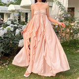 Mqtime Y2K Ruffles Fairy Dress Women Pink Mesh Strapless Maxi Dress Summer Irregular Sexy Backless Party Dress 2023 Summer Beach Outfit