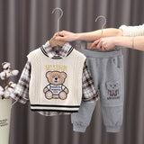 Mqtime New Spring Autumn 3PCS Boys Clothing Set Cartoon Bear Sweater Vest Long Sleeve Shirts Cotton Pants Baby Boys Clothes