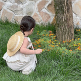 Mqtime Korean Children Kids Clothing Set Girls Summer Organic Cotton Tie Tank Sling Smocked Top Lace Wide Leg Pants Trousers Outfits