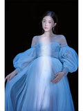 Mqtime Women Photography Props Handmade Blingbling Off-shoulder Maternity Dresses Blue Perspective Pregnancy Dress for Studio Shoot New