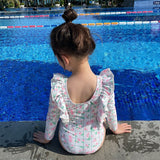 Mqtime Summer Baby Girls Swimwuit Retro Flower Sun Protection Baby Clothes Lace Long Sleeves Fashion Vacation Girls Swimsuit One Piece