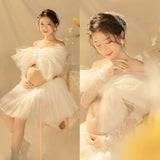 Mqtime  Maternity Dress Set for Photo Shoot Summer Sexy Shoulderless White Tulle Top+ Skirt 2 Pieces Set for Pregnant Women Photography