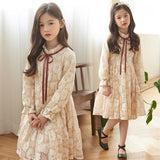 Mqtime  Teenage Girls Princess Dress Spring Autumn Beige Lace Dresses for Kids Clothes Children Costume 10 12 13 Years Long Sleeve Dress