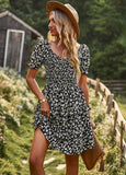 Mqtime Floral Chic Tiered Mini Dresss Ruffles Casual Summer Puff Sleeve Women Ladies Party Holiday Ladies Dresses Vestidos