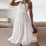 Mqtime Summer Backless Solid Long Dresses Sexy V-neck Lace Patchwork Suspender Dress Women Elegant Sleeveless Pleated Party Dress