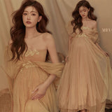 Mqtime  Pure Pregnant Women's Photo Clothing New Aesthetic Fairy High Setting Champagne Gauze Pregnant Mother's Dress Retro Sweet