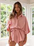 Mqtime Casual Beach Loose Batwing Sleeve Pink Women Wide Leg Romper Cotton Belt Turn Down Collar Shirt White Playsuit Overall Summer