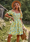 Mqtime Floral Chic Tiered Mini Dresss Ruffles Casual Summer Puff Sleeve Women Ladies Party Holiday Ladies Dresses Vestidos