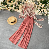 Mqtime Chiffon Floral Top Trousers Set Summer Women V Neck Bandage Blouse Loose Wide Leg Suits